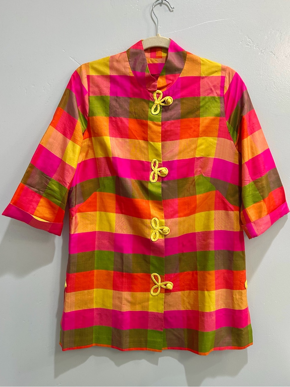 Vintage 60s Plaid Raw Silk Cheongsam Mandarin Collar Tunic Top Frog Closure - Picture 2 of 14